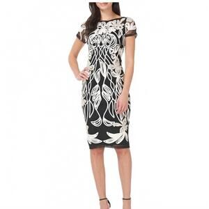 NEW JS COLLECTIONS art nouveau illusion embellished mesh dress in white black